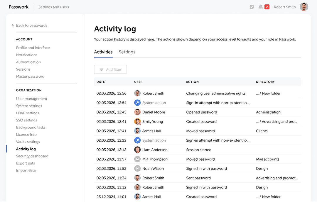 Passwork activity log with user actions and timestamps