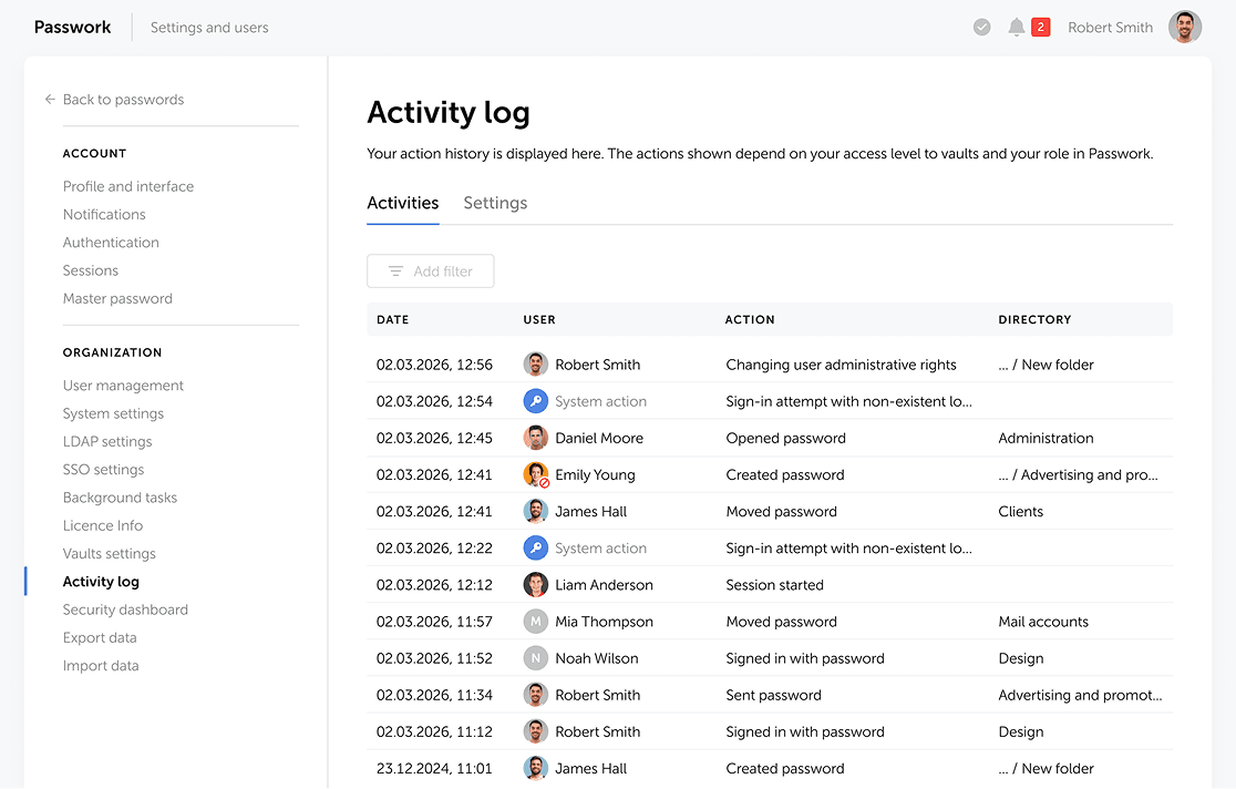 Passwork activity log with user actions and timestamps