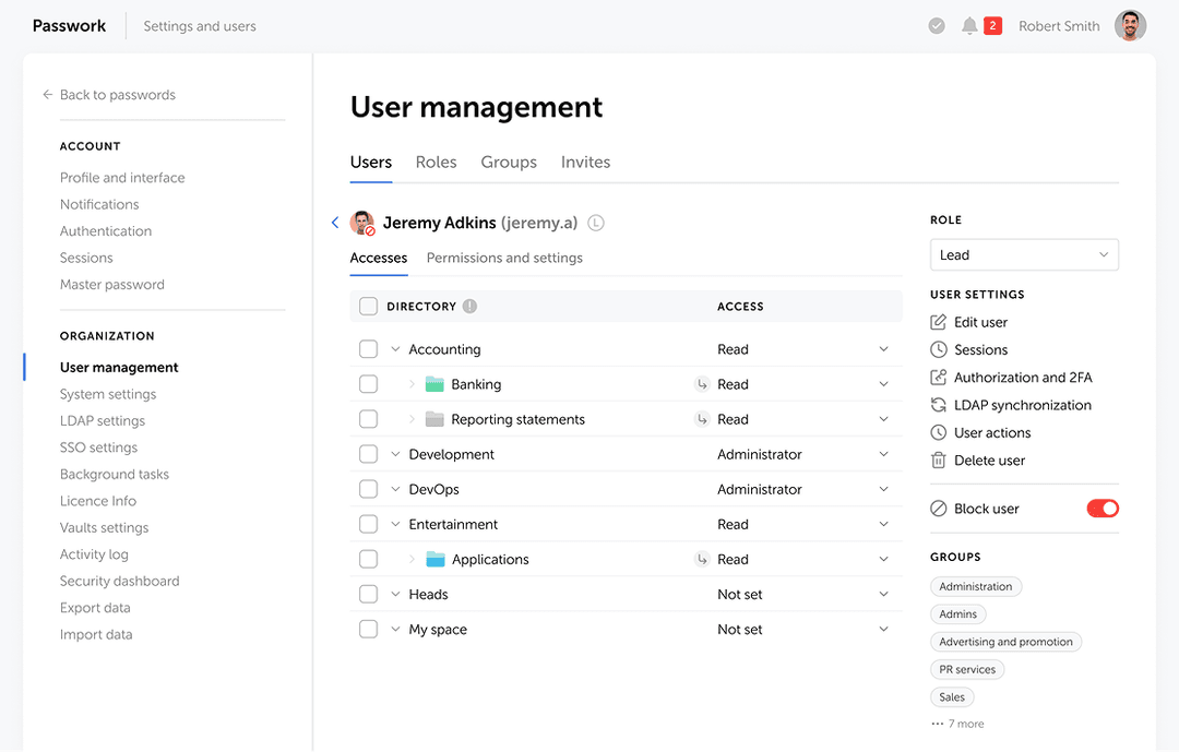 Passwork user management screen for access revocation