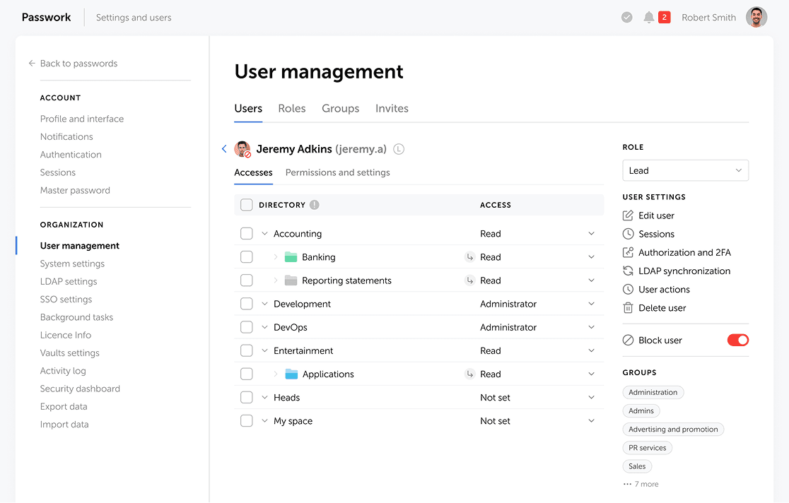 Passwork user management screen for access revocation