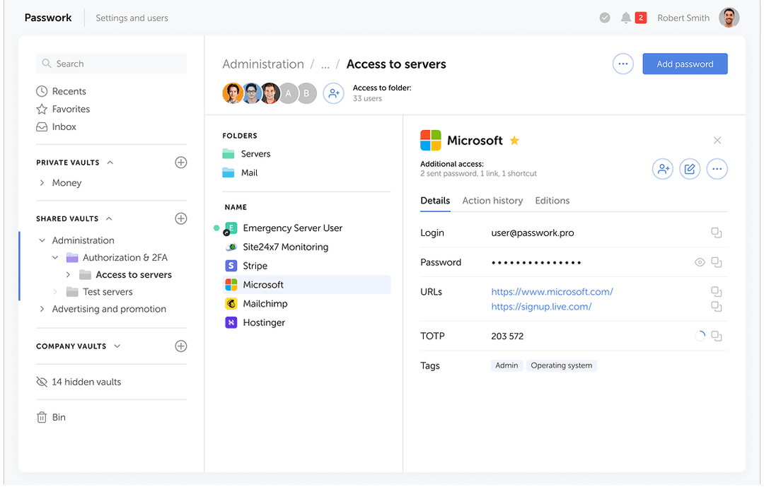 Passwork private and shared vaults separated in the interface