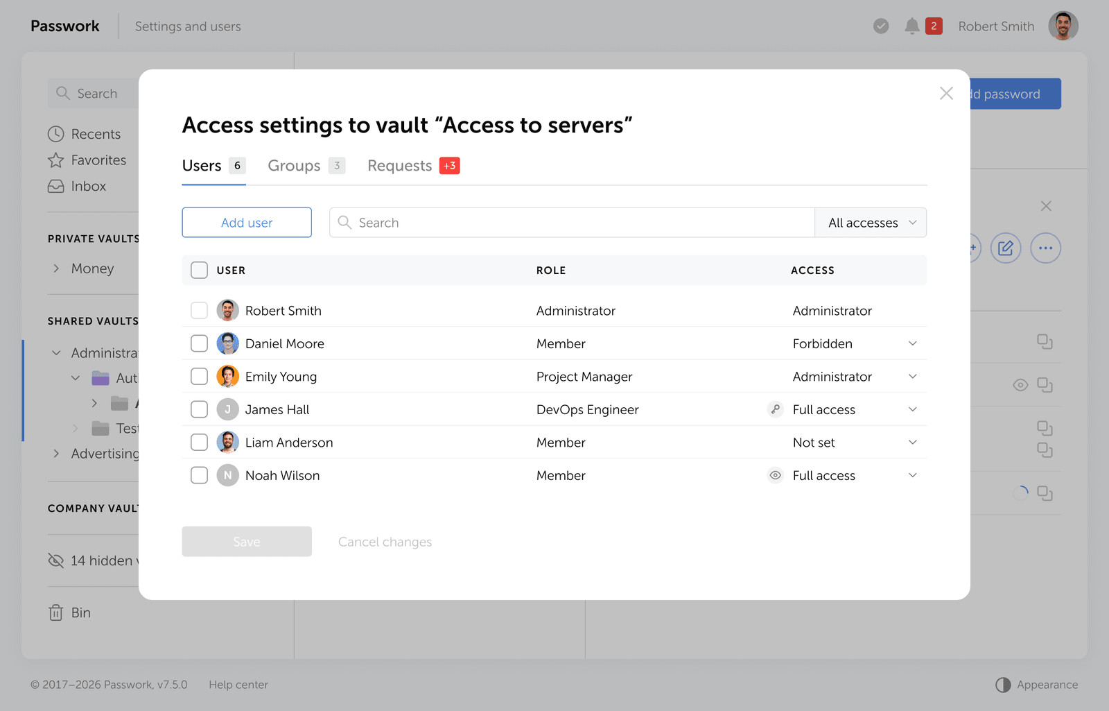 Impostazioni di accesso Passwork per una cassaforte condivisa