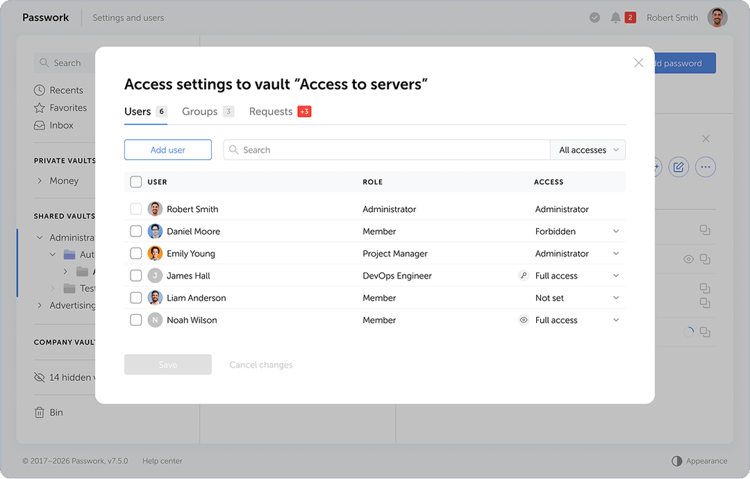 Passwork vault access settings with role-based permissions