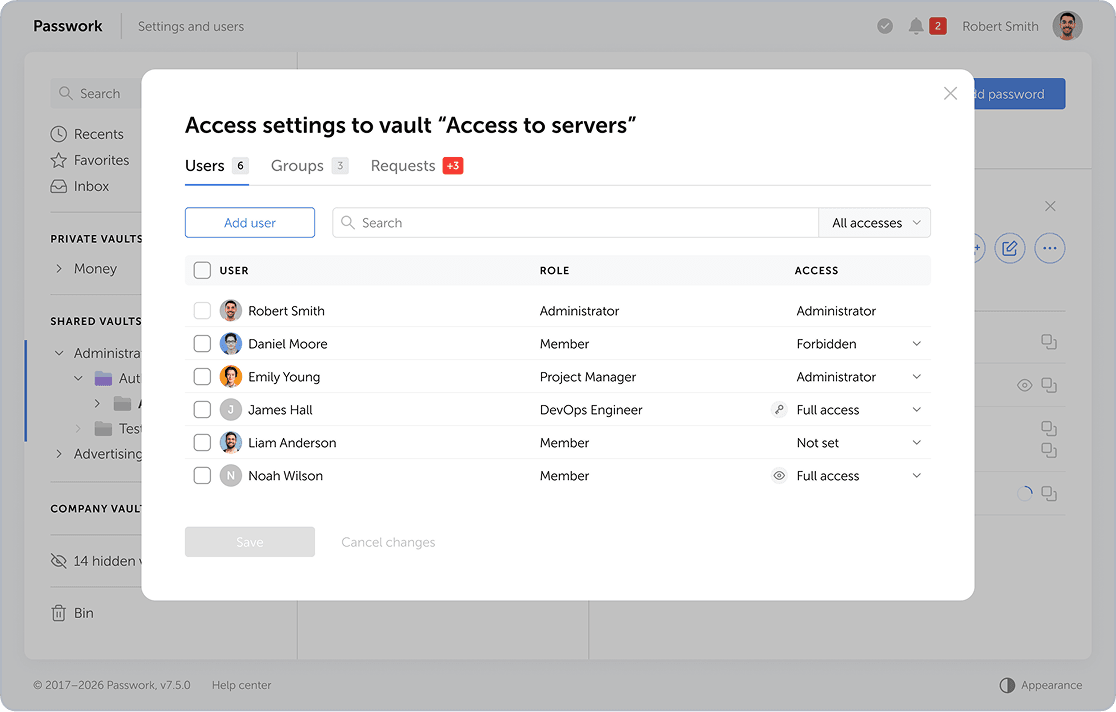 Passwork vault access settings with role-based permissions