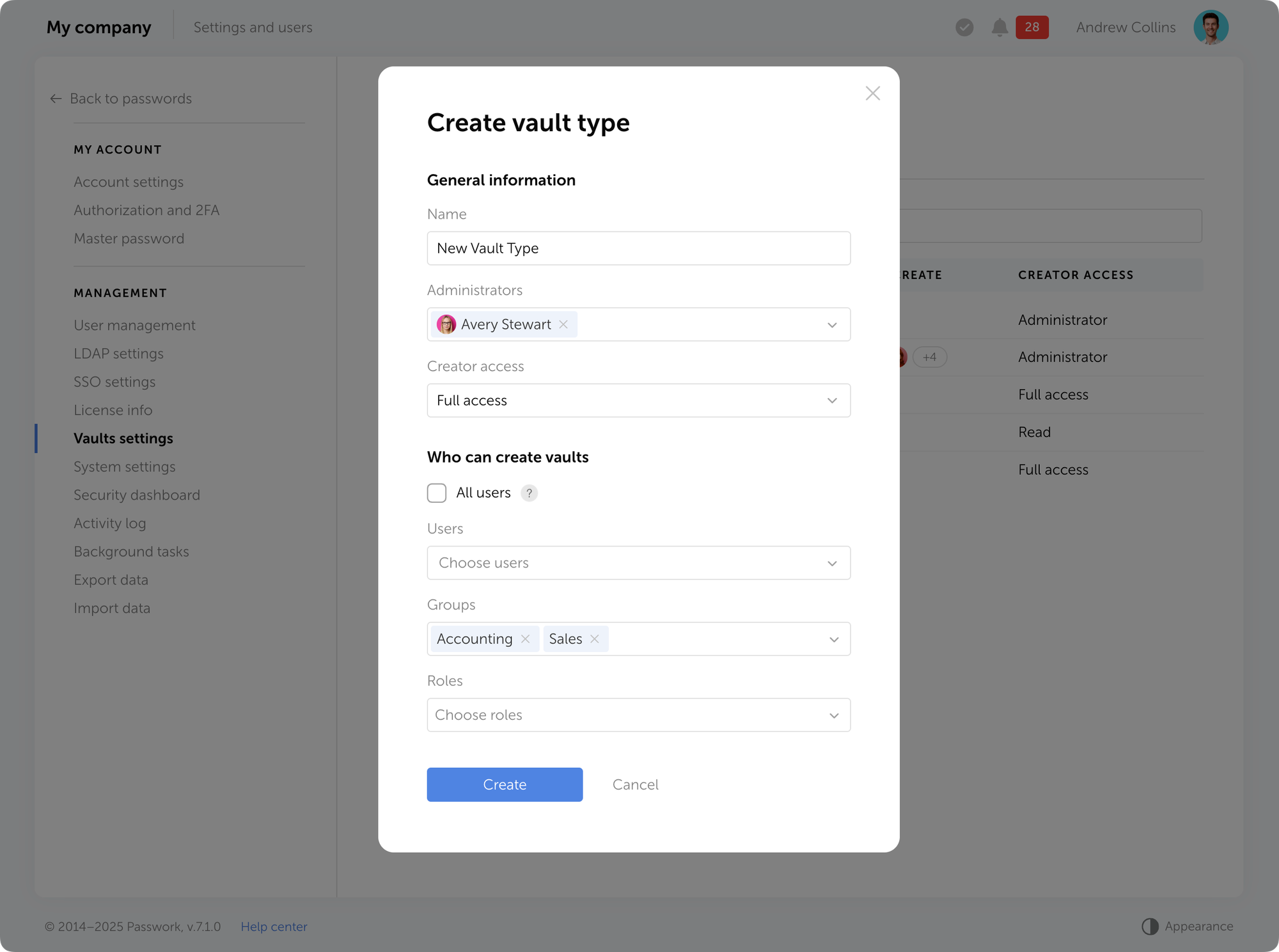 Private vaults creation without user invitation rights