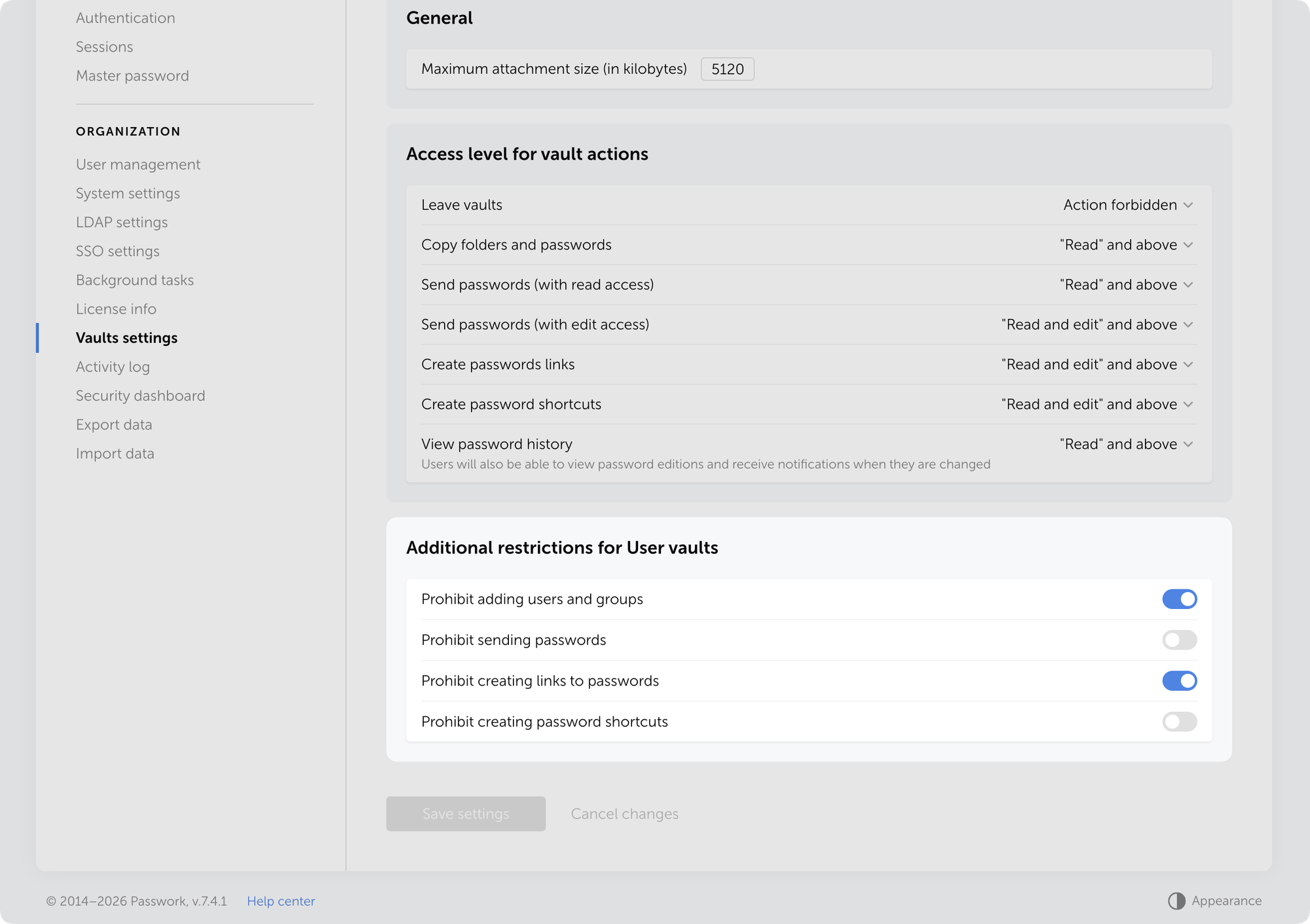 Restrictions for User vaults