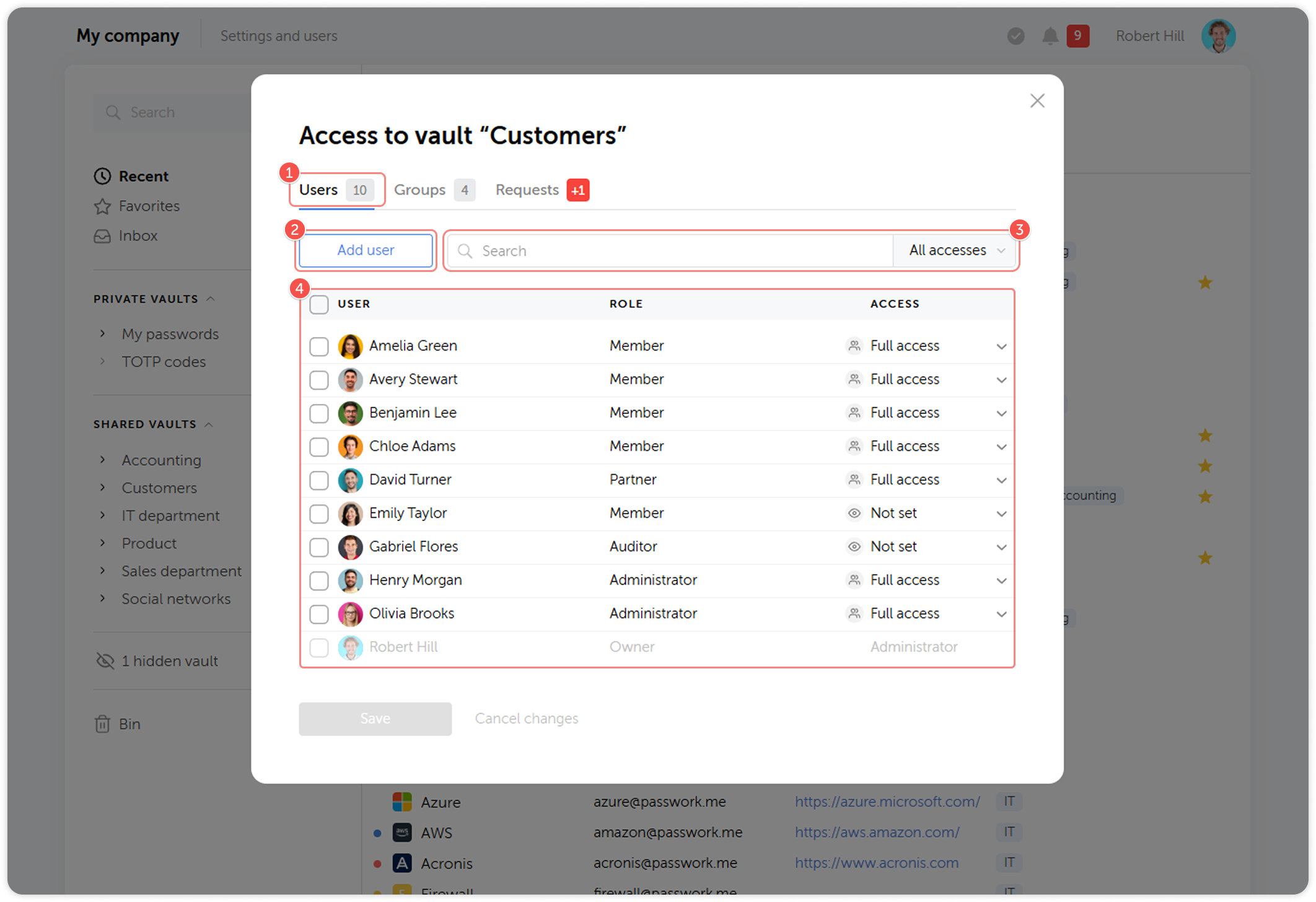 Verwaltung des Tresorzugriffs – Tab „Benutzer“