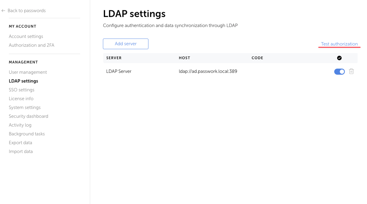 LDAP-Autorisierungstest – Test-Anmeldedaten eingeben