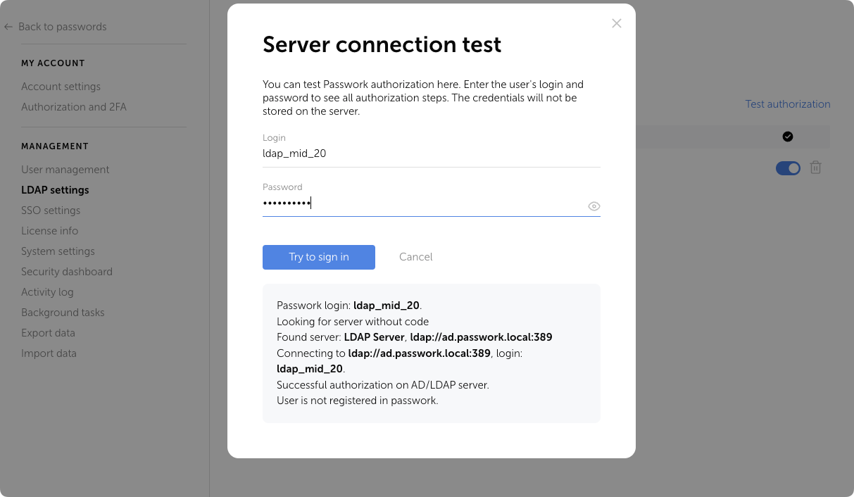 LDAP-Autorisierungstest – Ergebnis