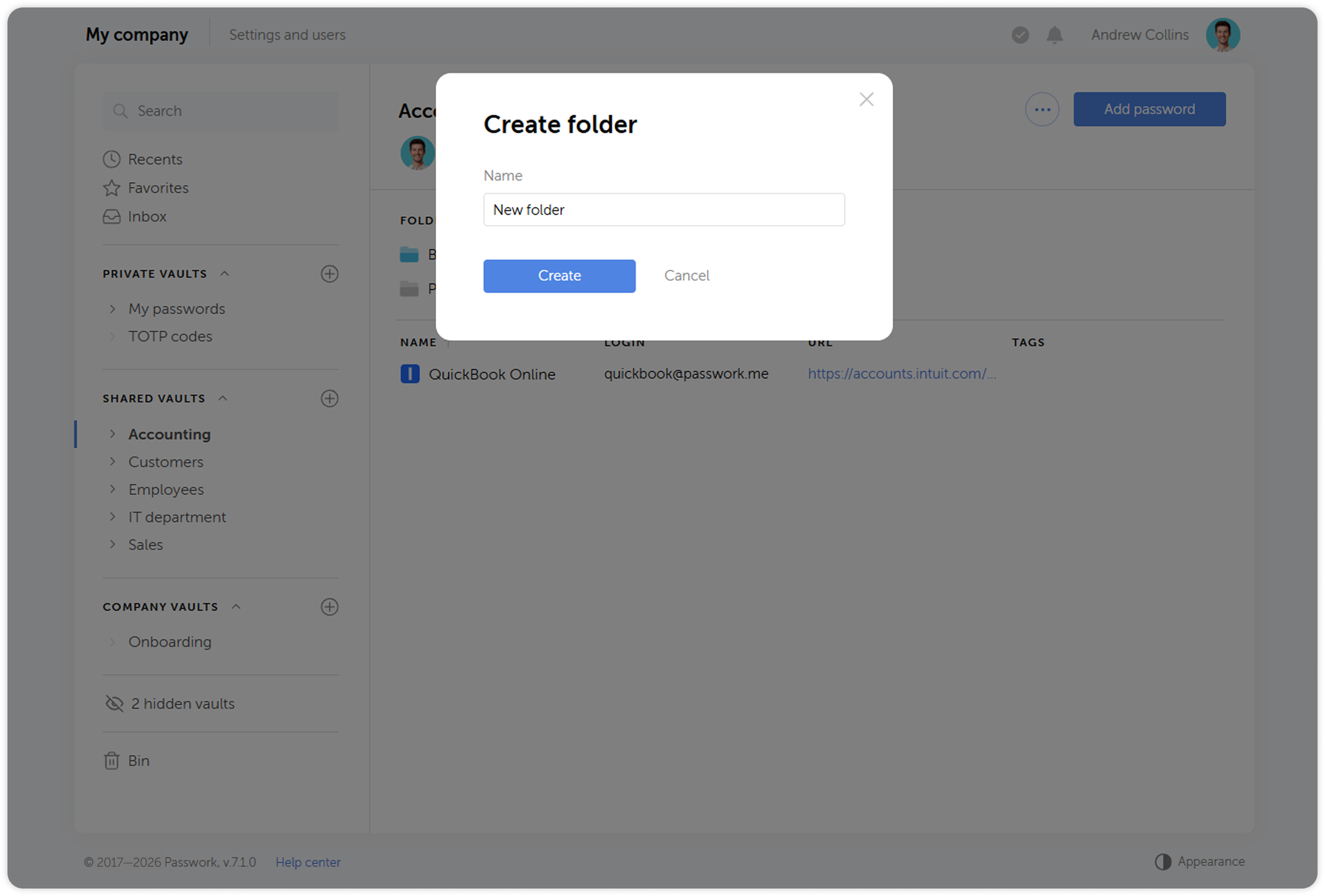 Cuadro de diálogo Crear carpeta
