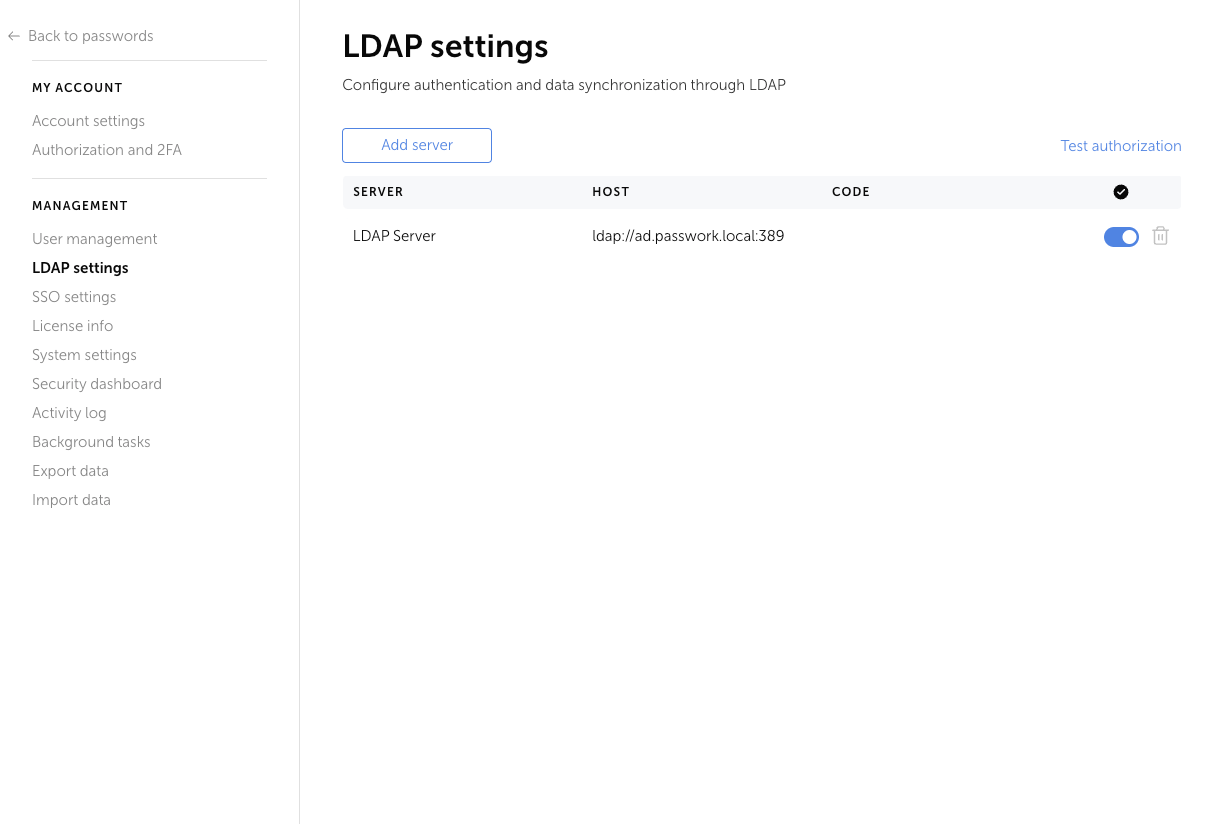 Página de configuración de LDAP