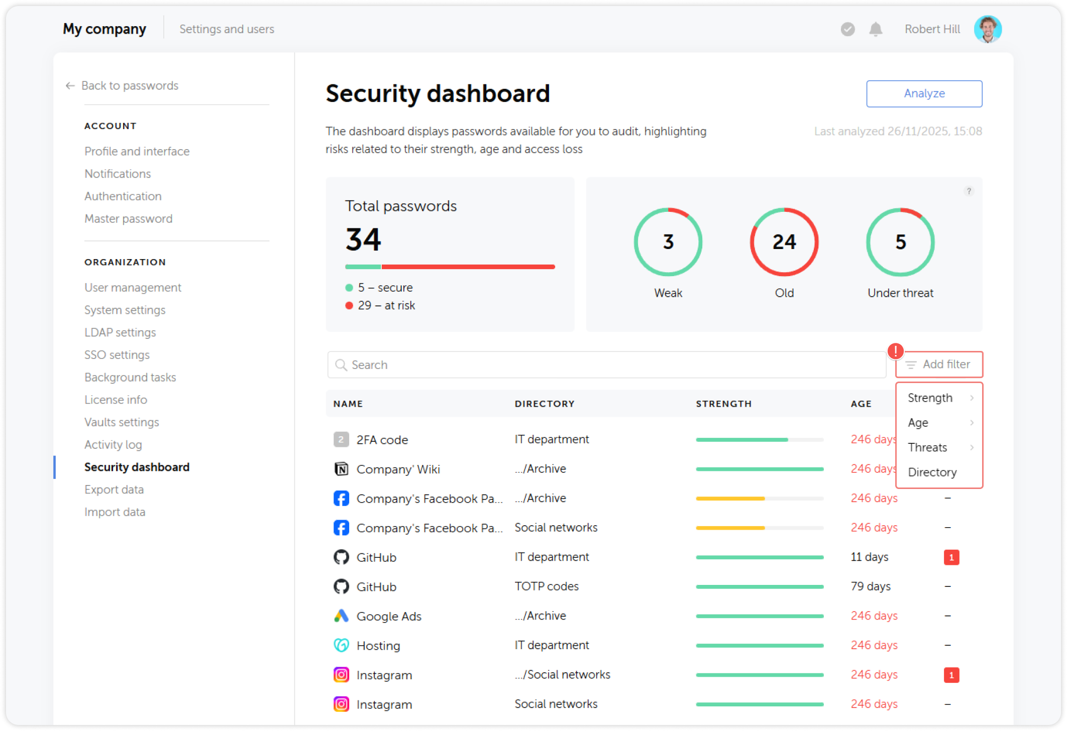 Panel de seguridad: panel de filtros