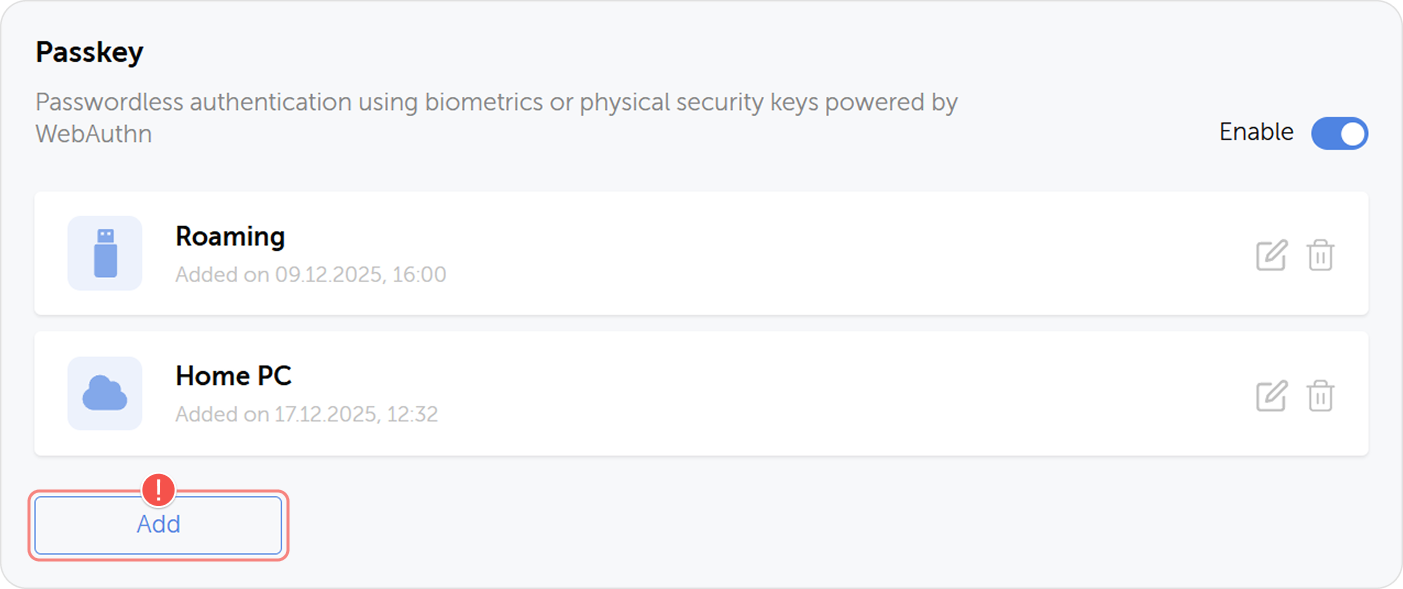 Botón Añadir passkey en la configuración de Autenticación