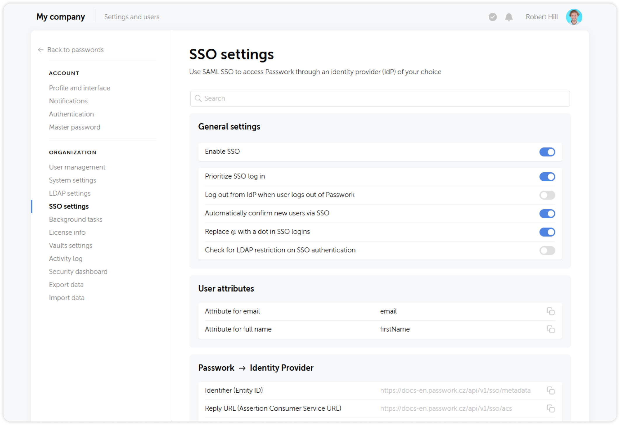 Página de configuración de SSO