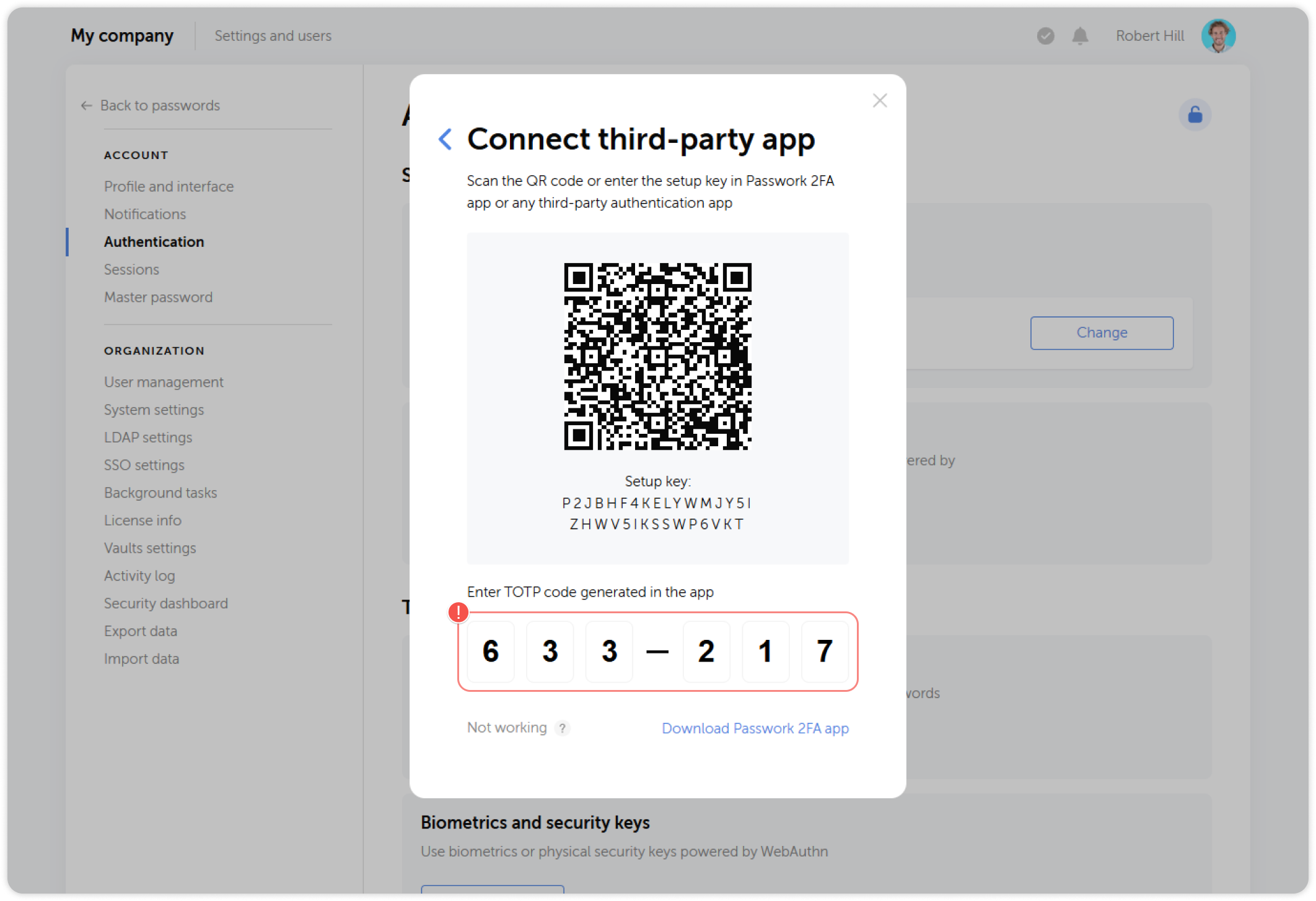 TOTP setup — QR code scan