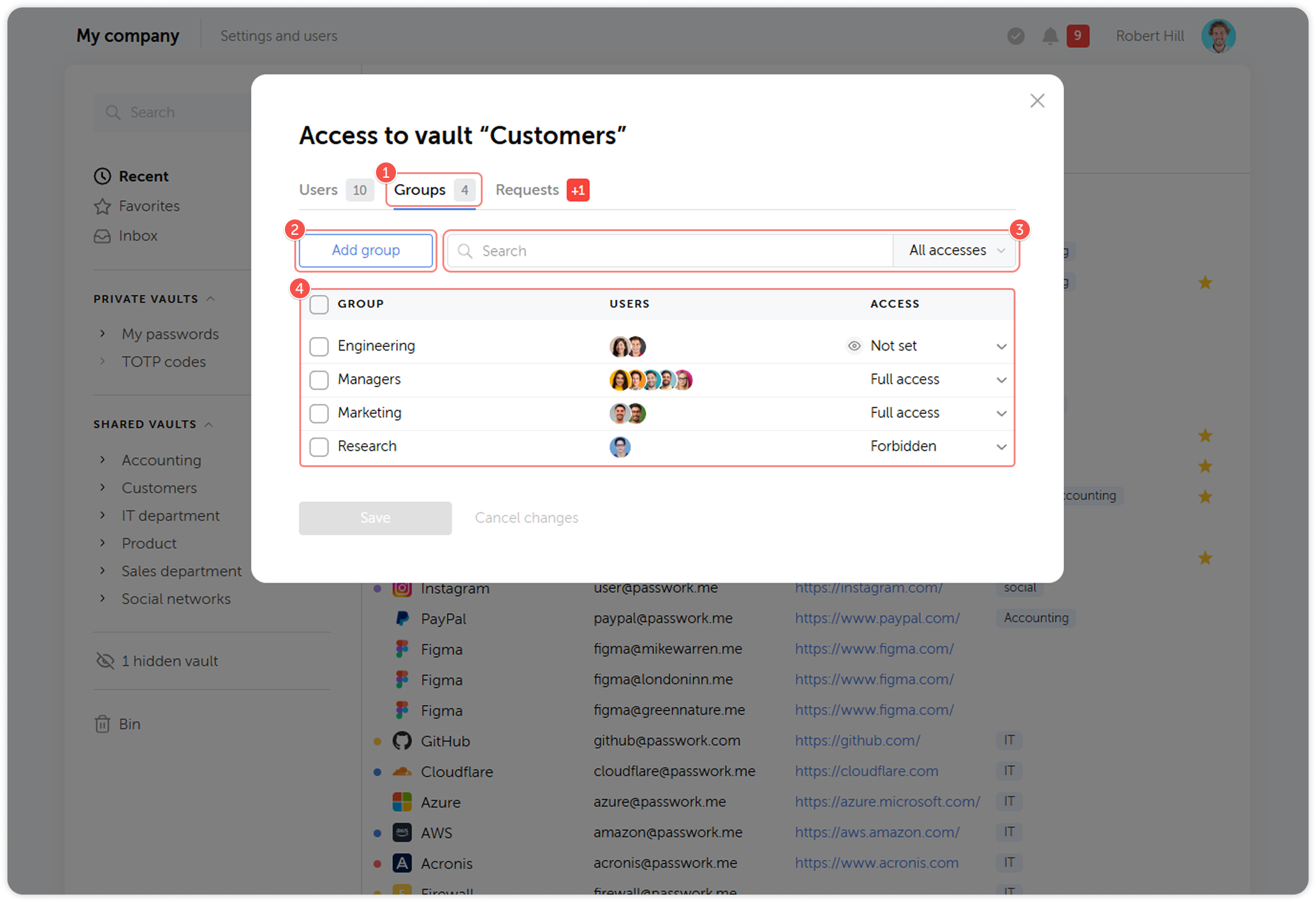 Vault access management — Groups tab