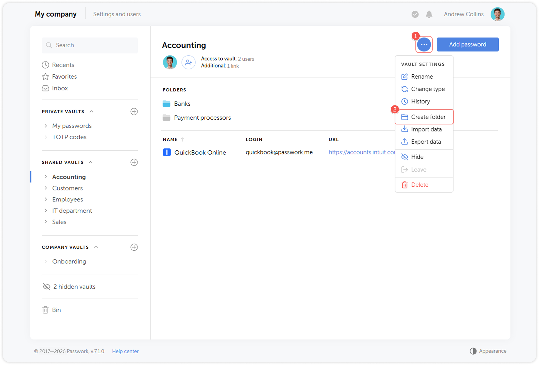 Create folder option in the vault settings menu