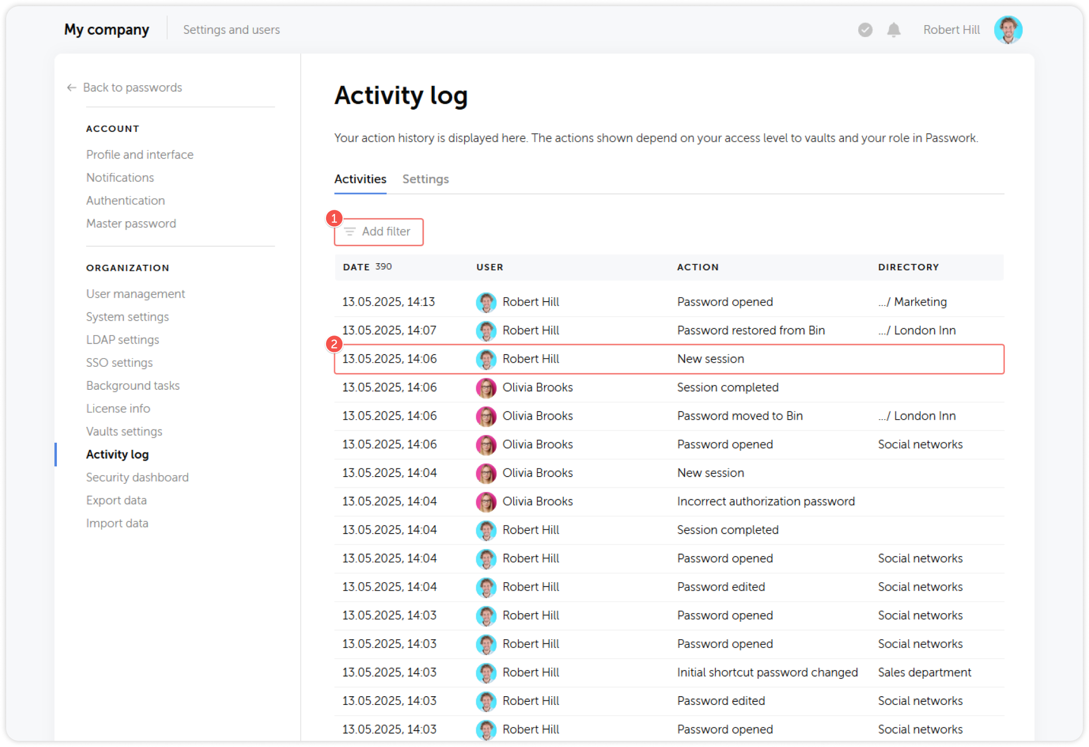 Activity log in Passwork settings