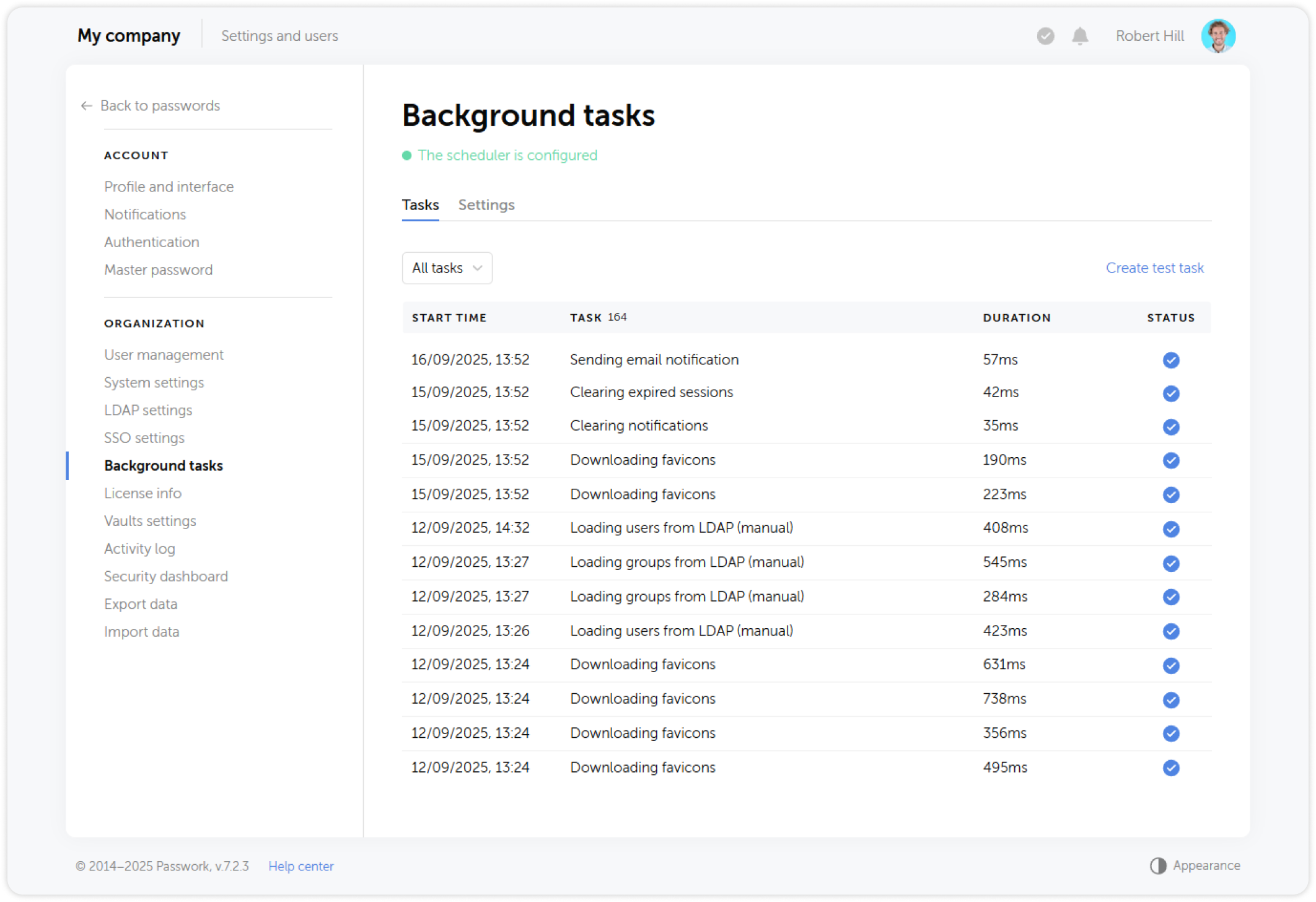 Background tasks status page