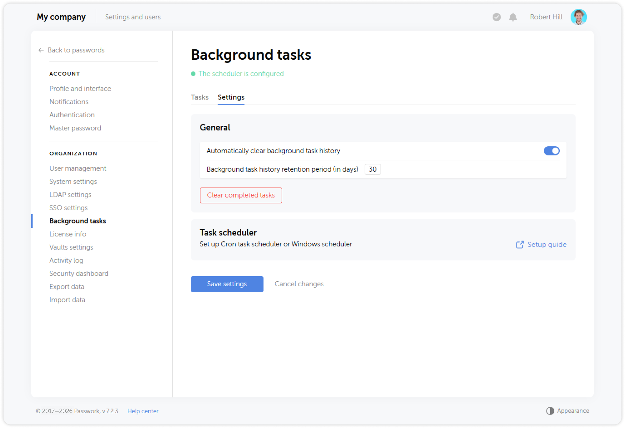 Background tasks status page