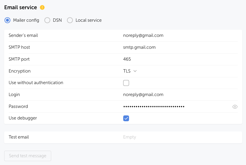 Email notification setup — manual configuration