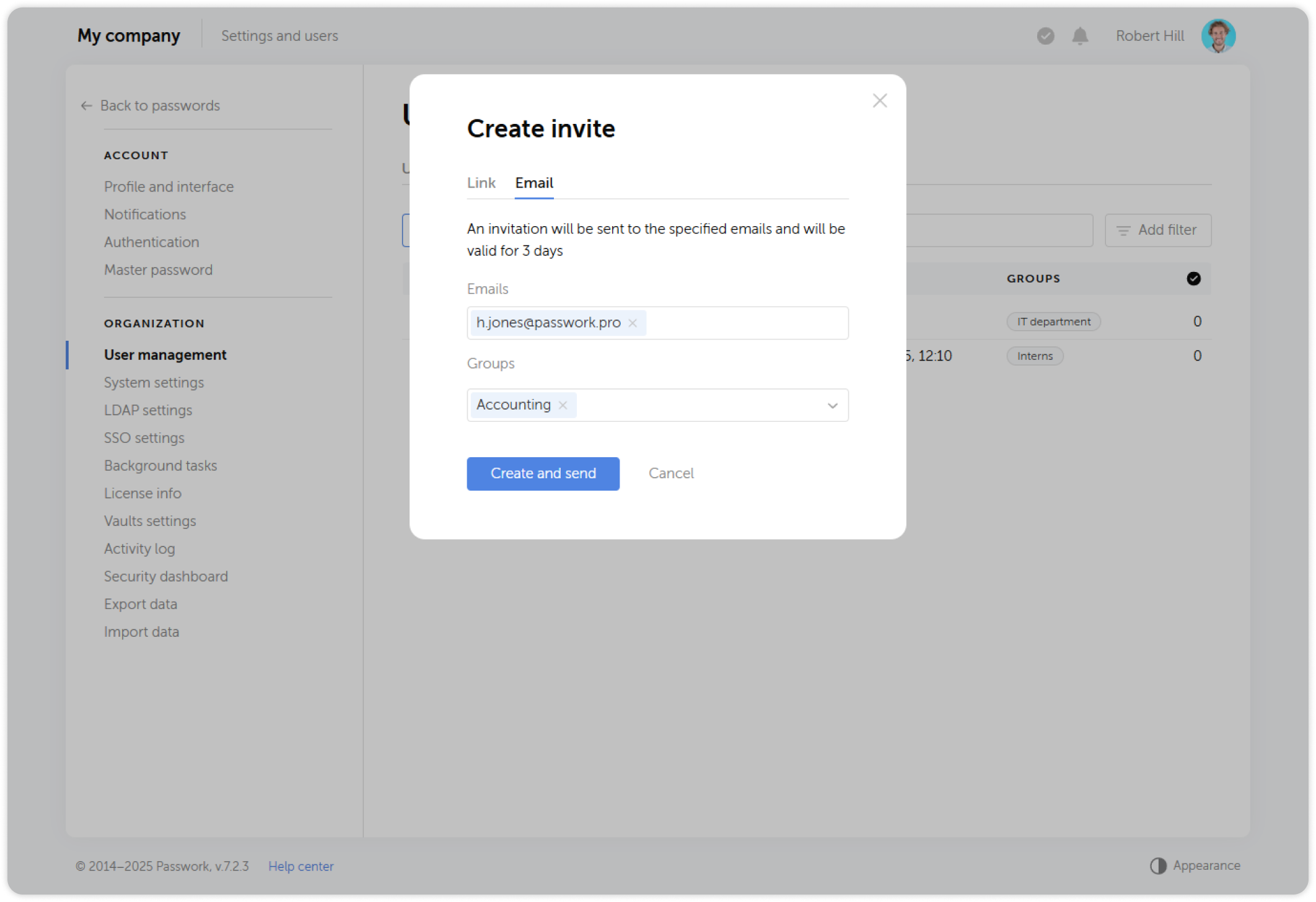 Create email invite — addresses and group assignment