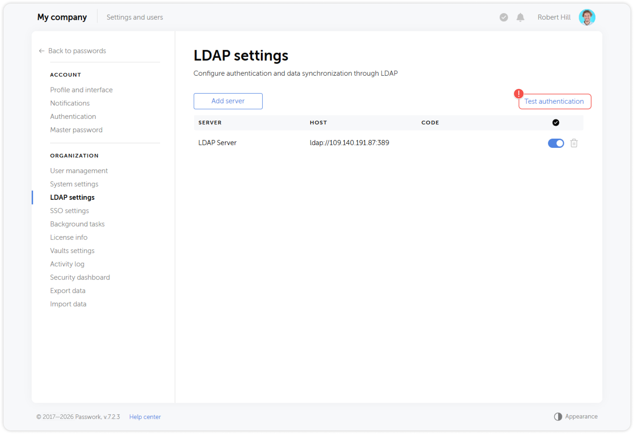 LDAP authorization test — enter test credentials