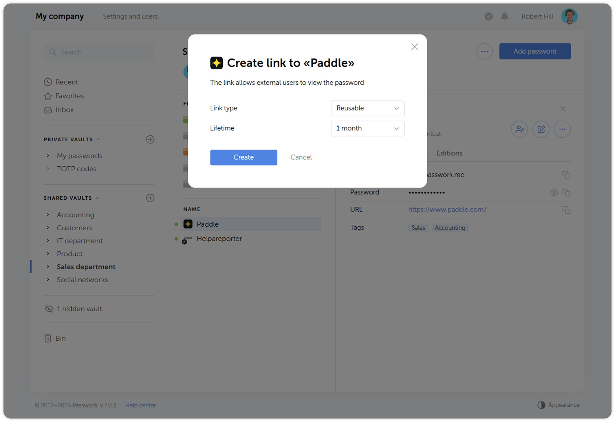 Link creation dialog — type and expiration settings
