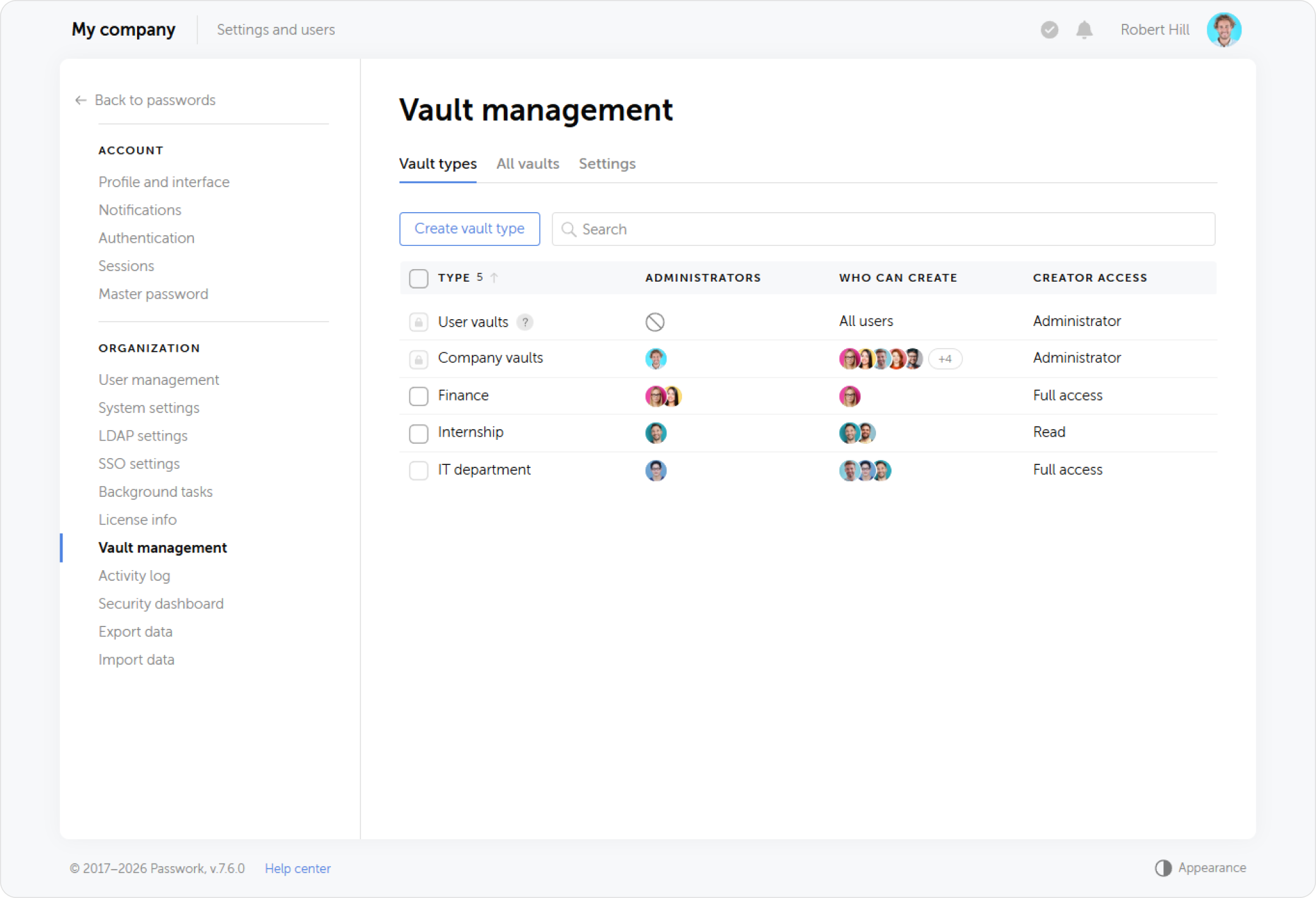 Vaults Settings page