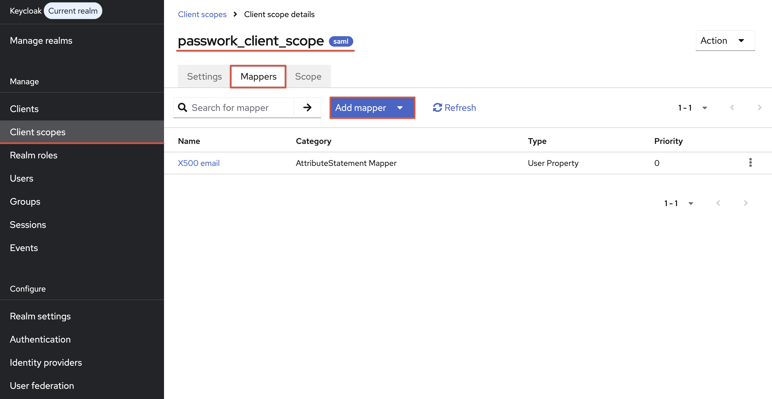 The Mappers section in the Passwork client scope