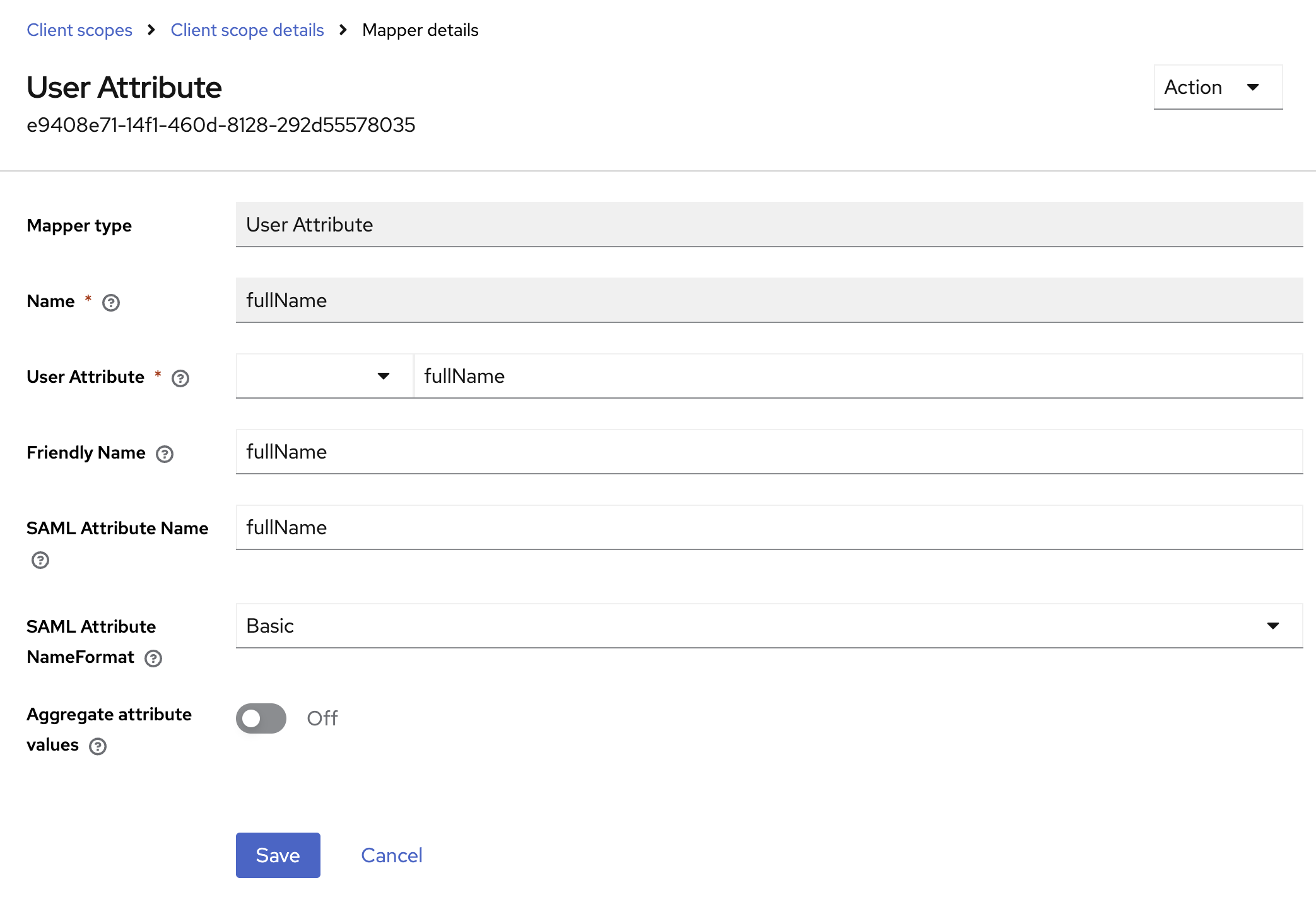 SAML mapper settings for the fullName attribute