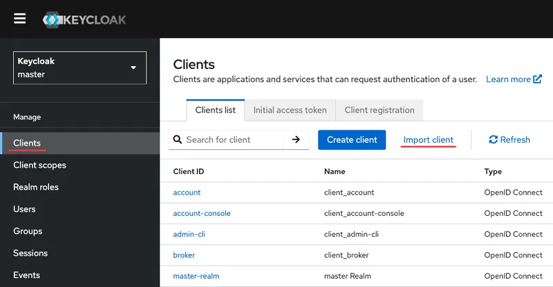 .json-Datei importieren, um eine Anwendung in Keycloak zu erstellen