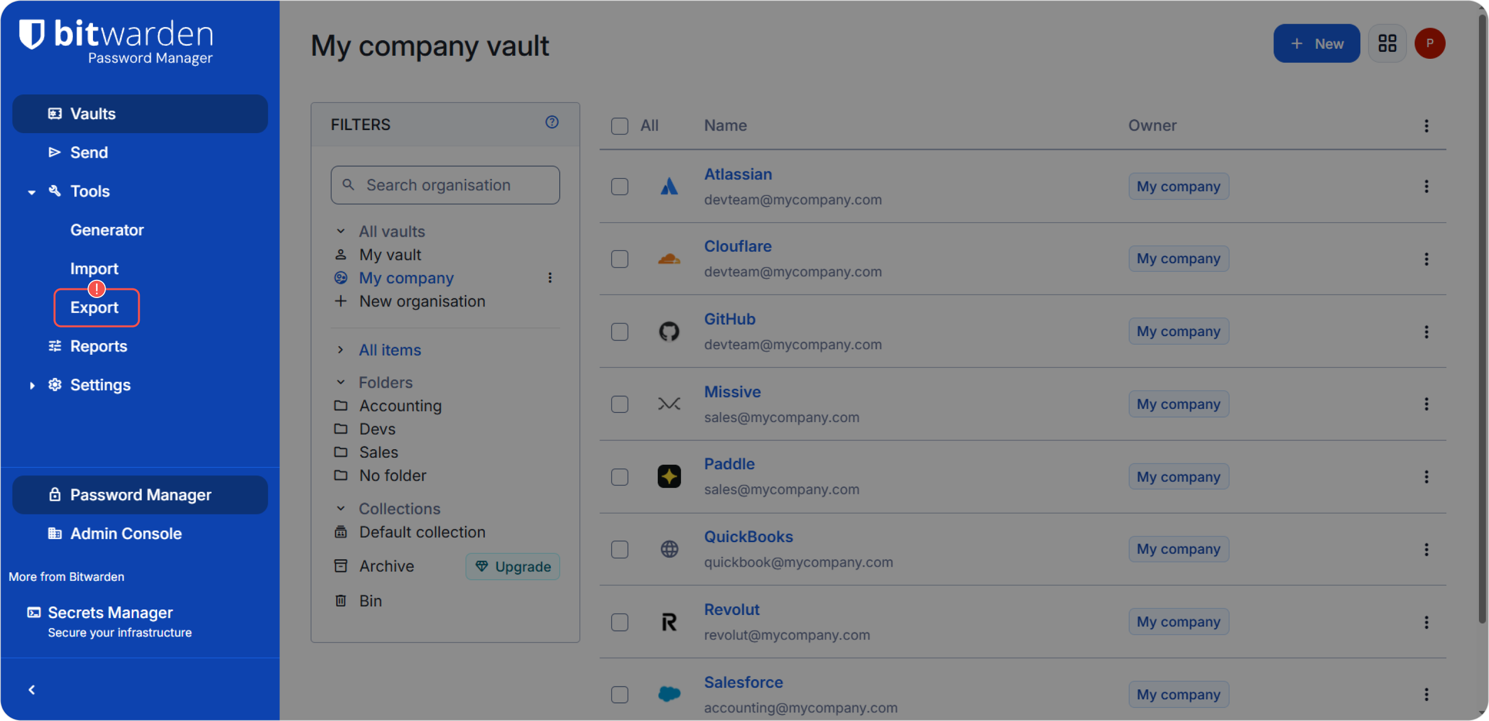 Open Export page in Bitwarden
