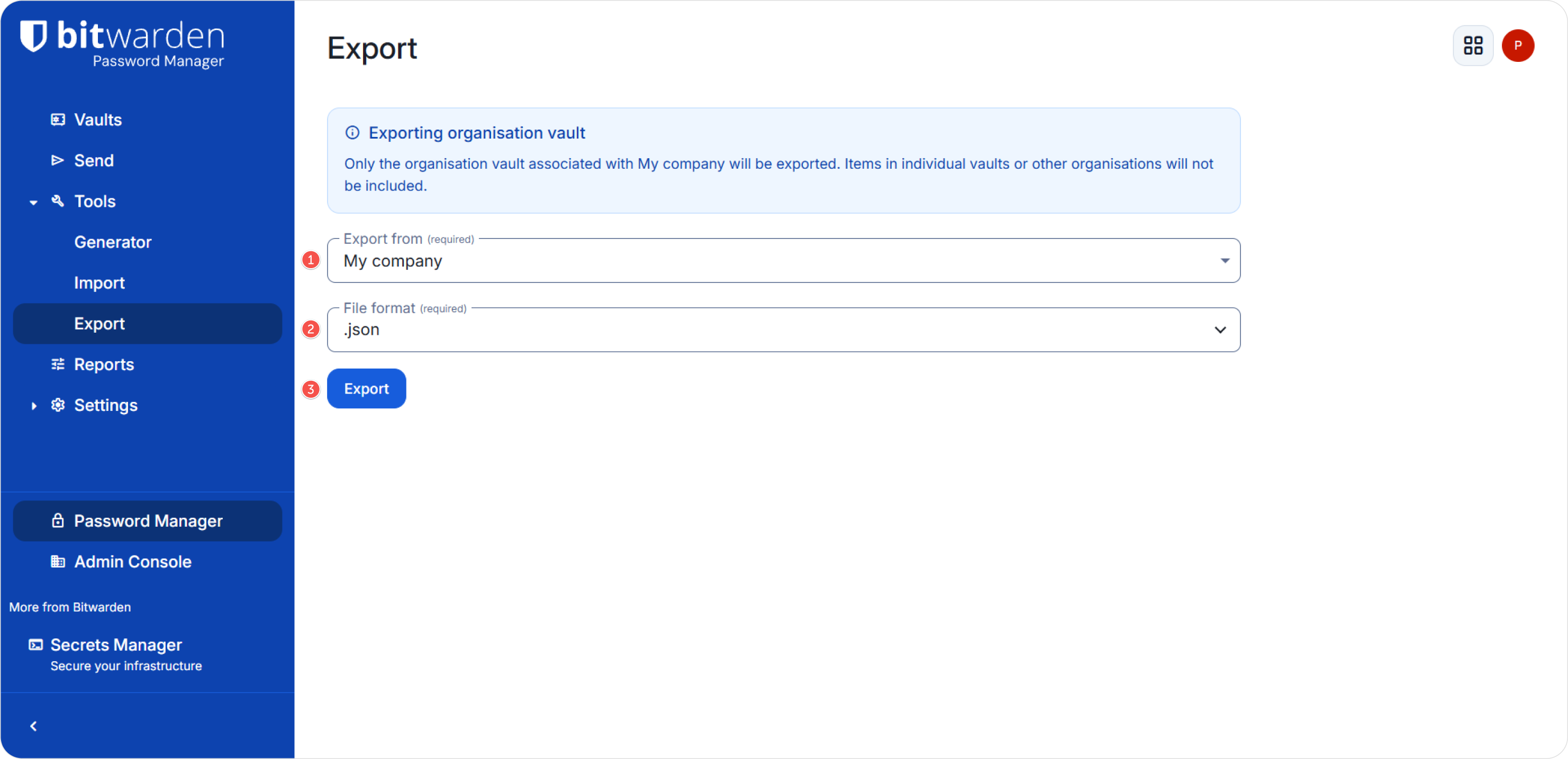 Choose JSON export format in Bitwarden