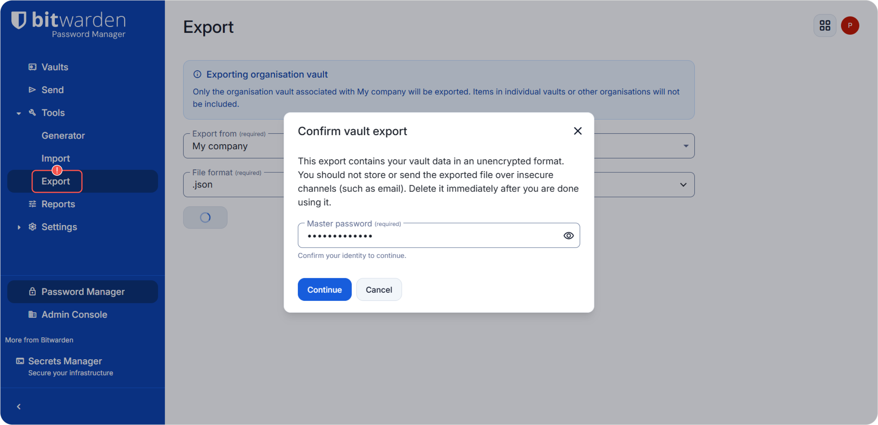 Confirm Bitwarden export with master password