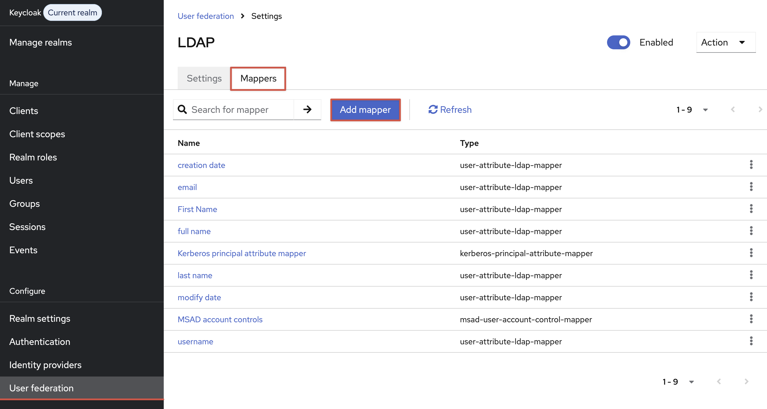 The Mappers section in the LDAP provider settings