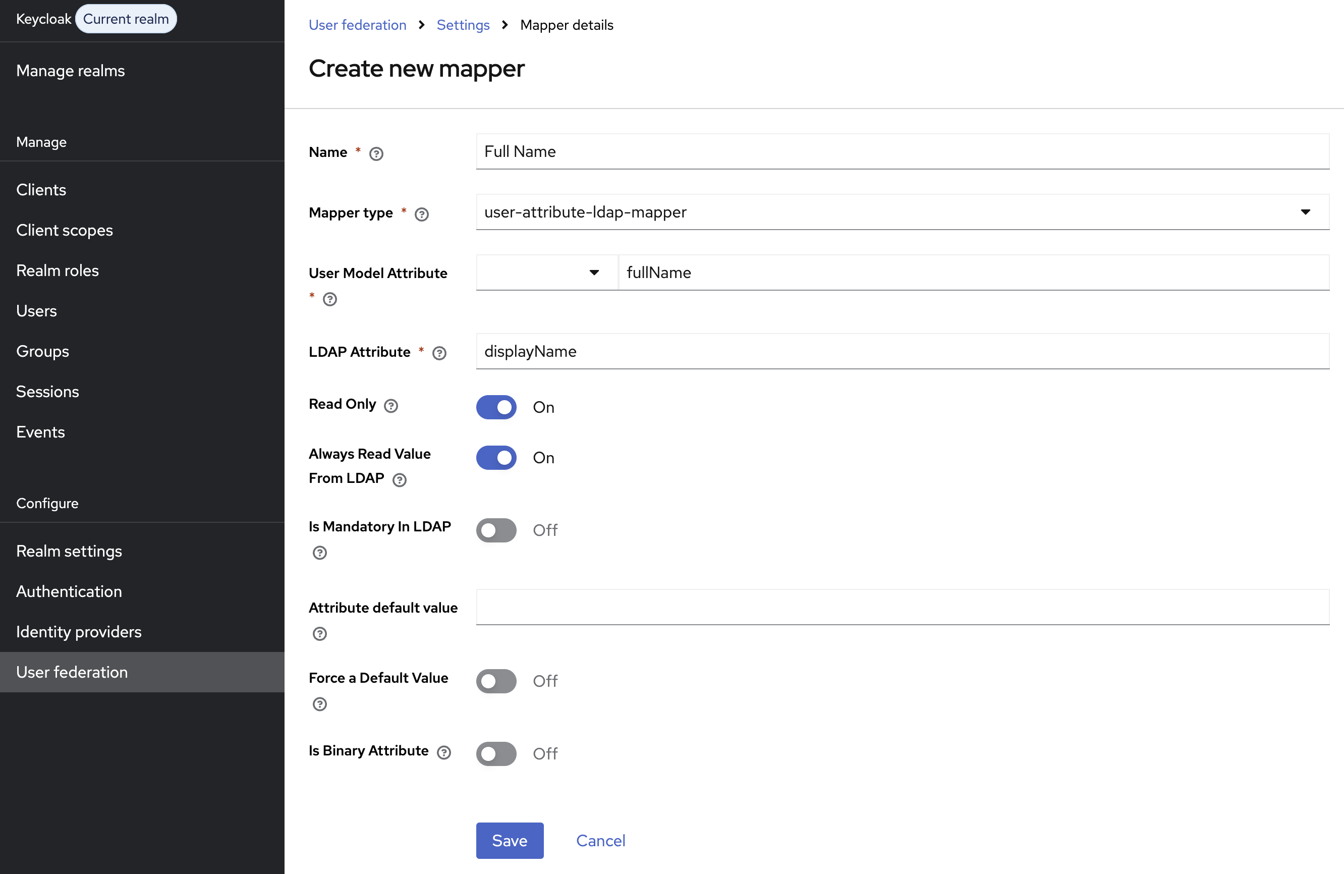 LDAP mapper settings for the fullName attribute