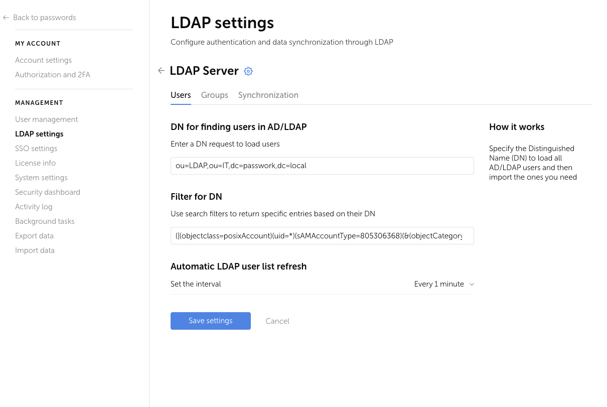 Configuración de la pestaña de usuarios