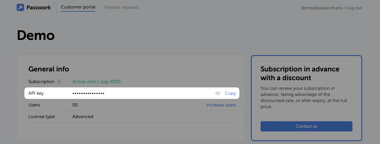 Ubicación de la clave API en el portal de cliente