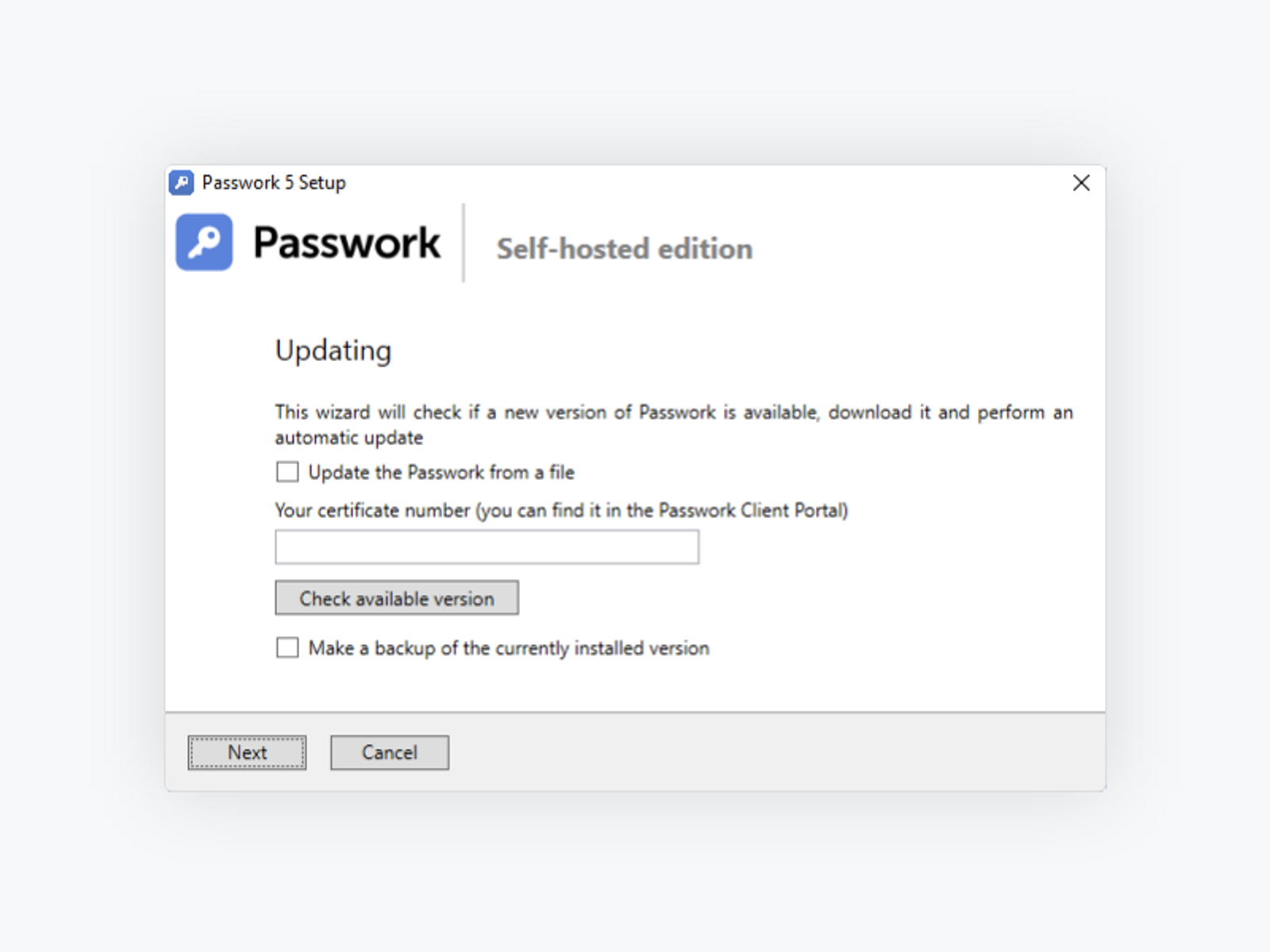 Example of Passwork update window