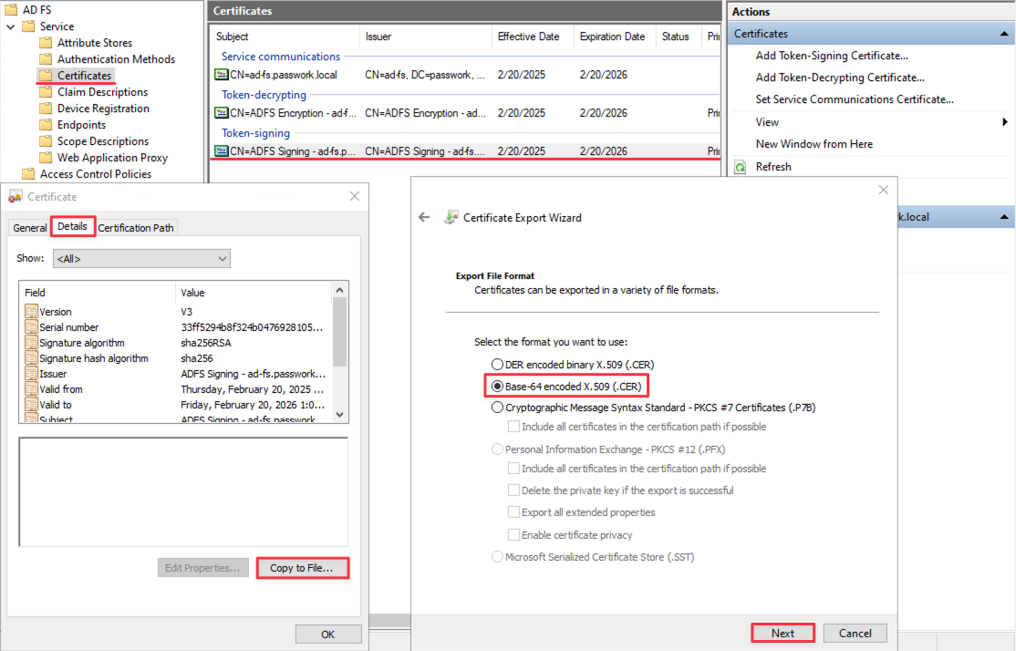 Obtener el certificado SSL público de AD FS en base64