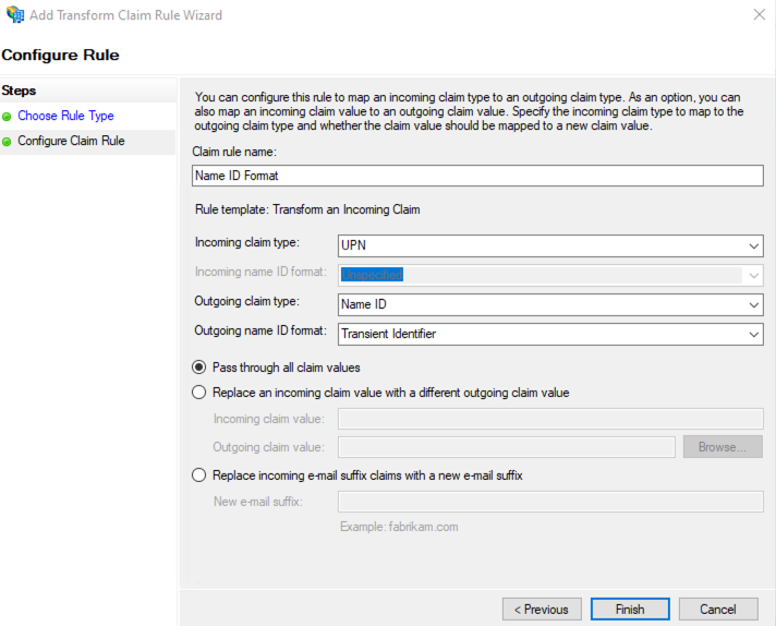 Ejemplo de configuración de regla de claim Name ID