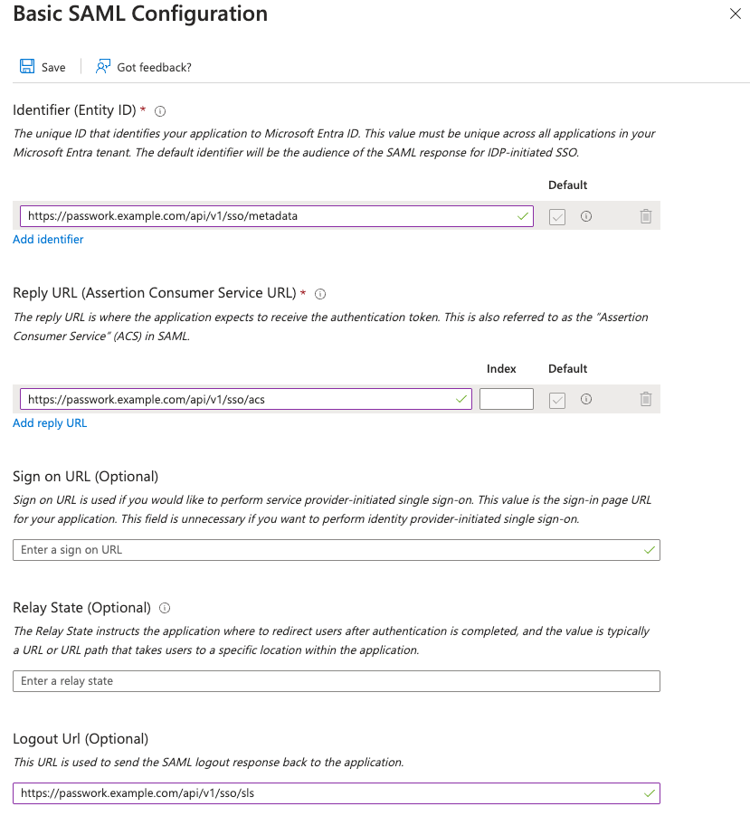 Completar los puntos de acceso de Passwork en la configuración SAML