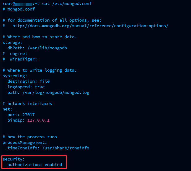 Example of edited MongoDB configuration file