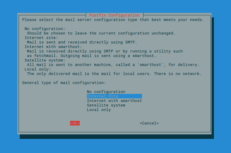 Selecting Internet Site during Postfix installation