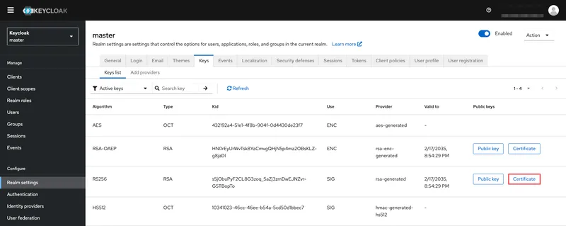 Get the public SSL certificate of Keycloak in base64