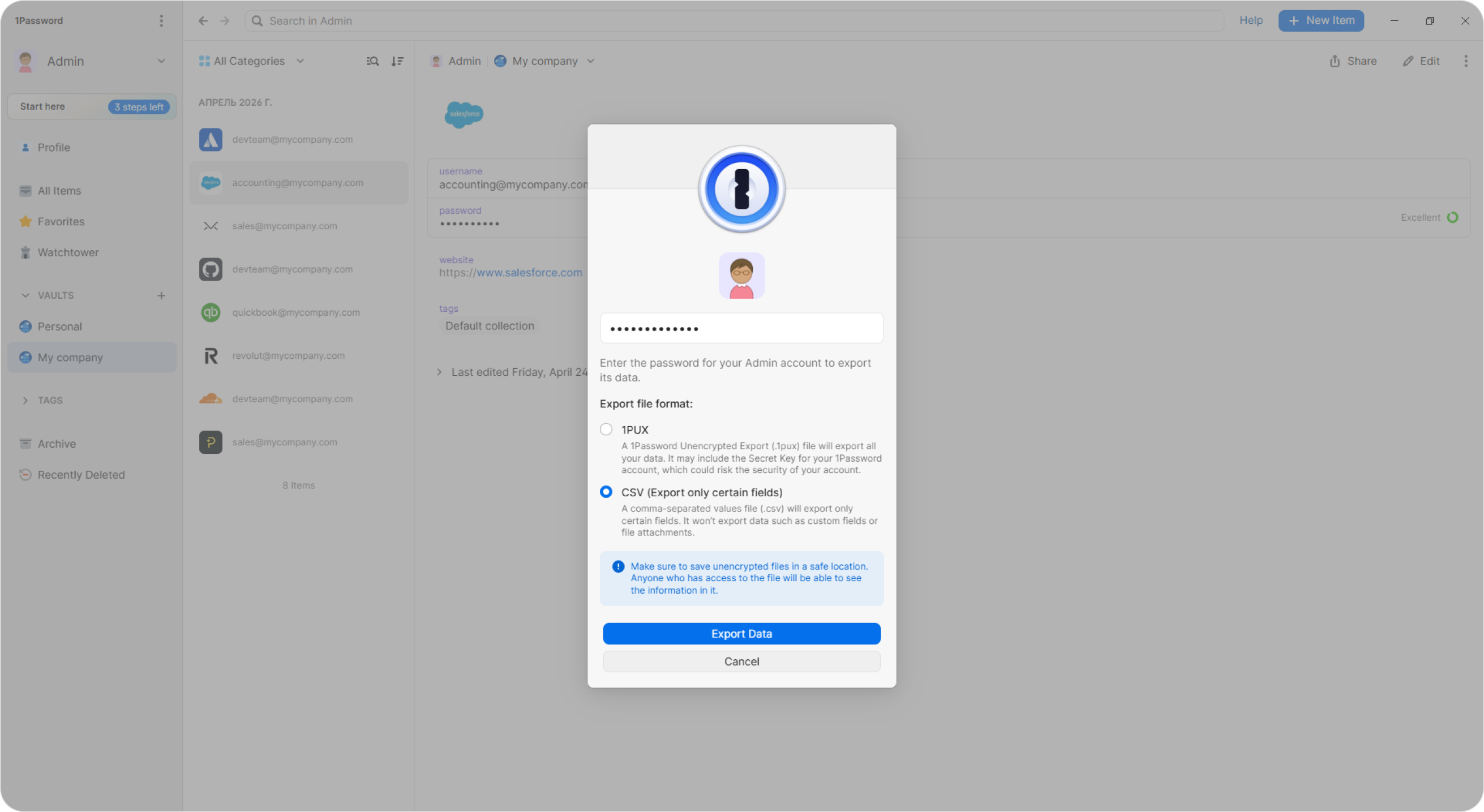 1Password — export (step 2)