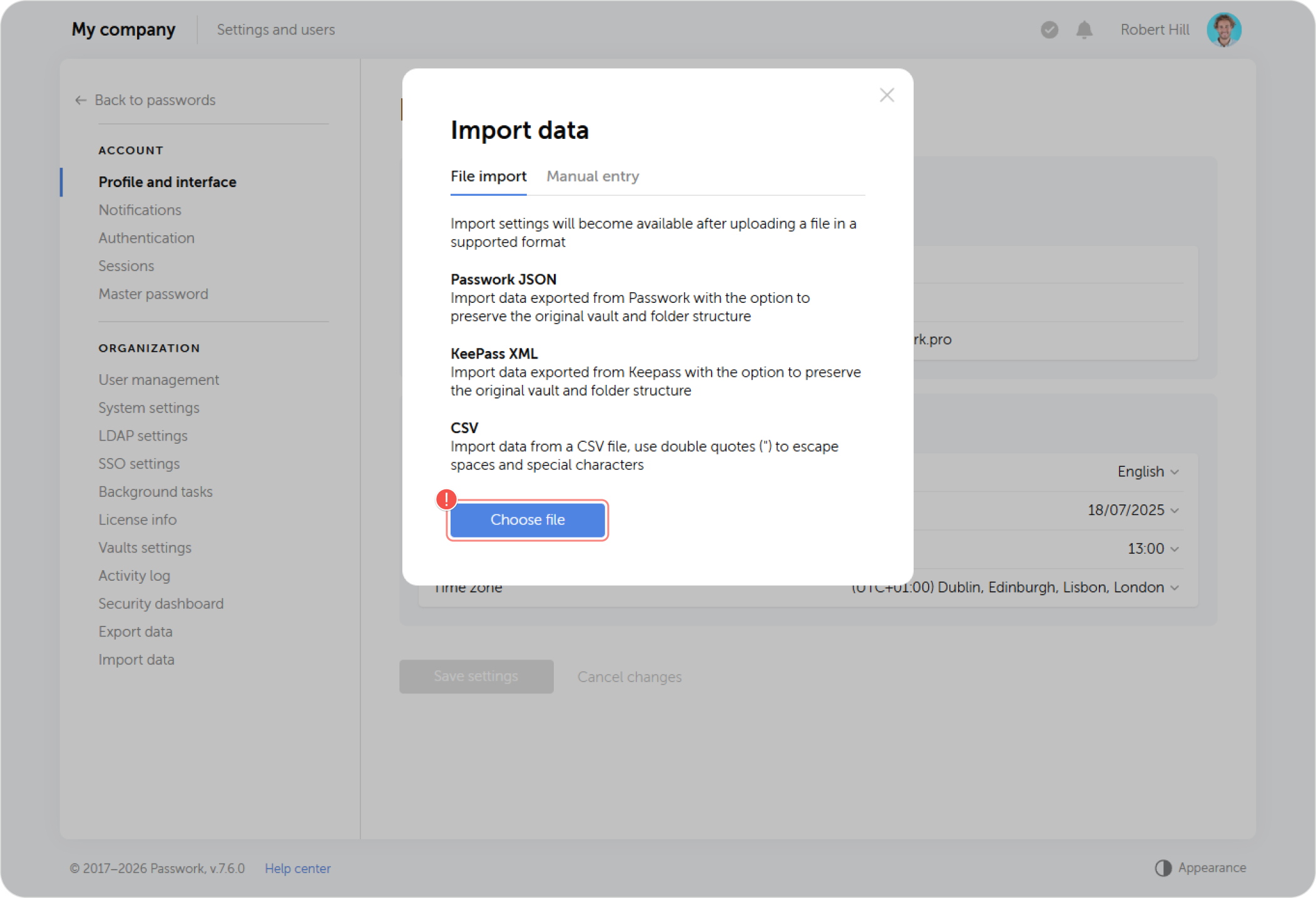 Data import — opening import