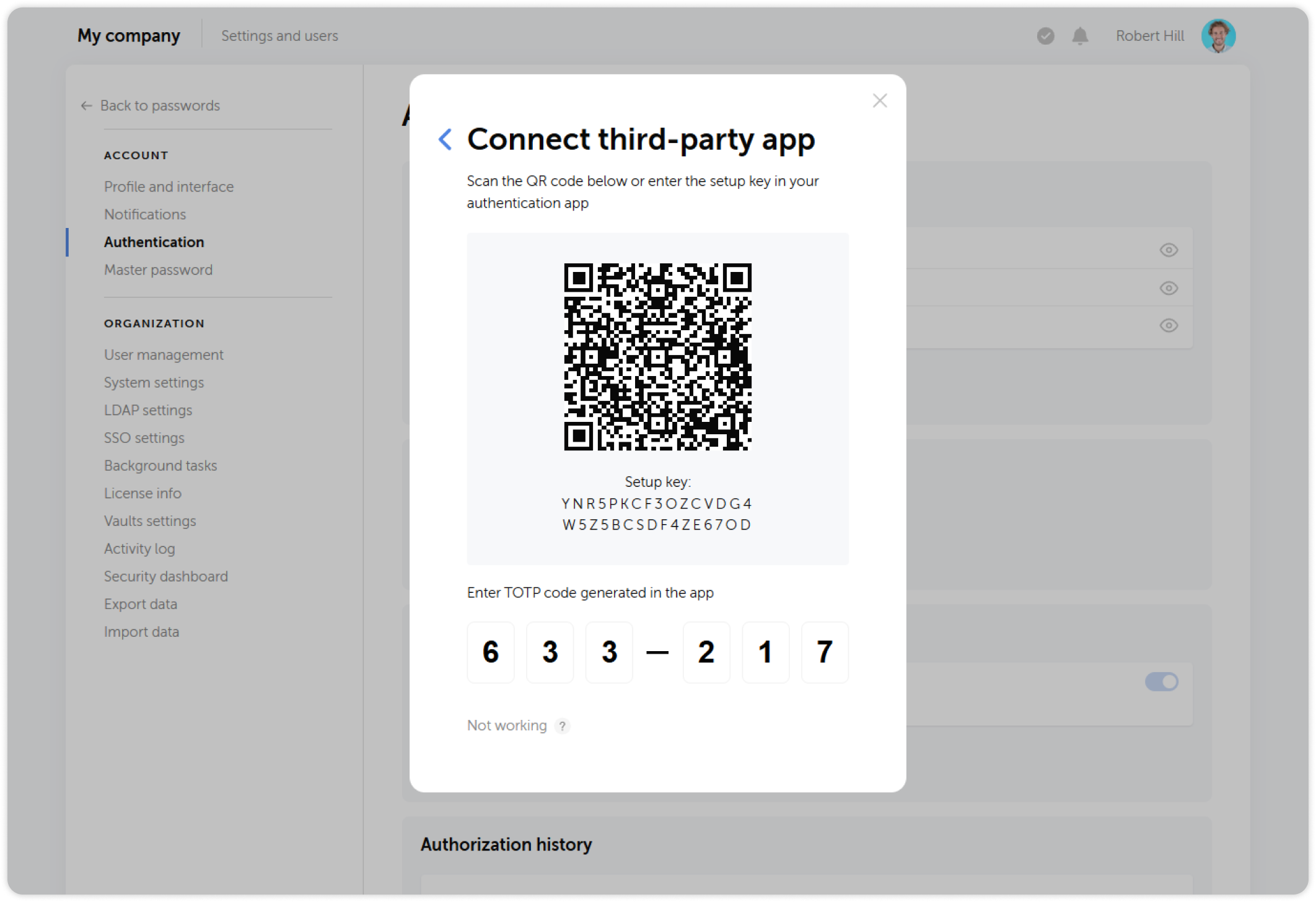 Third-party 2FA app setup