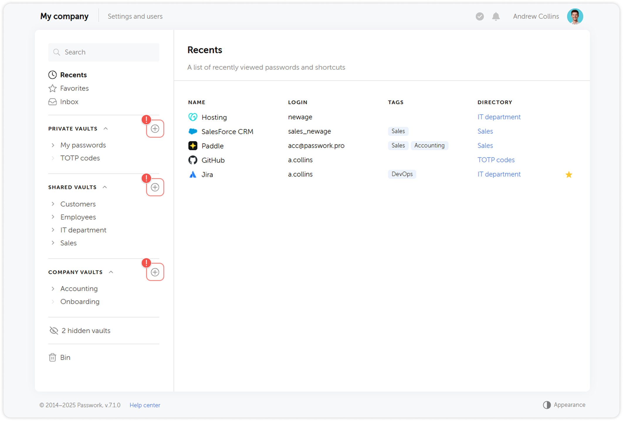 Create vault button